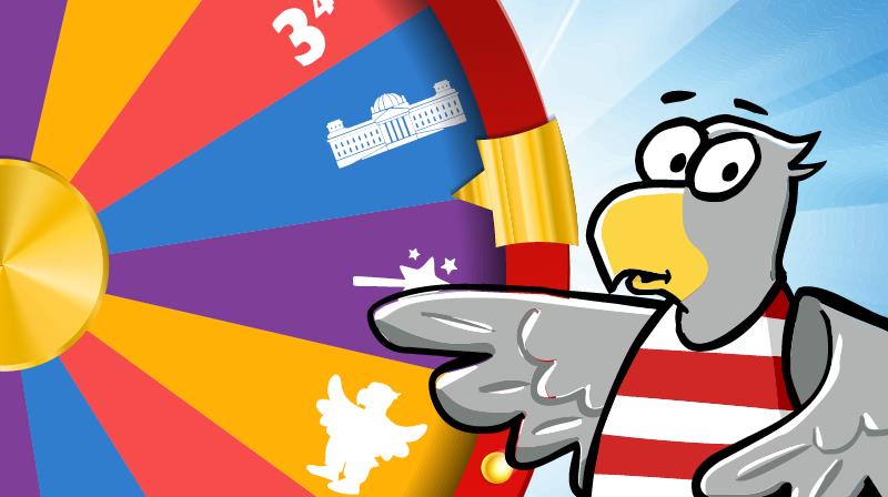 Grafik des Bundestagsmaskottchen Karlchen am bunten Glücksrad